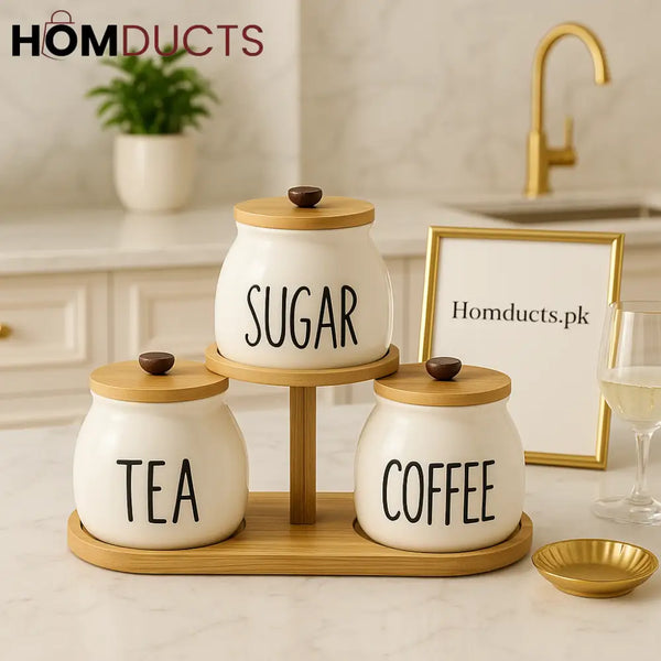 Luxury 3-Piece Ceramic Tea Coffee & Sugar Jar Set with Bamboo Stand