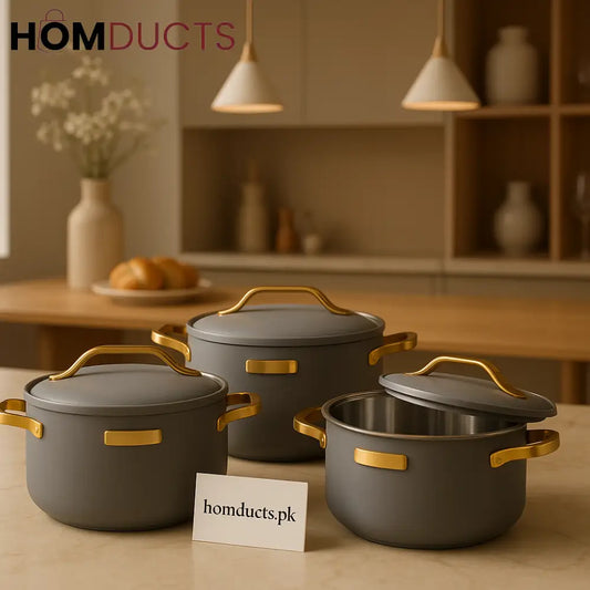 Luxury 3 Piece Hotpot Set – 1.5L 2.5L & 3.5L | Elegant Gray with Golden Handles