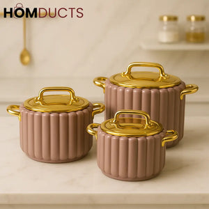 Luxury 3 Piece Ribbed Hotpot Set with Golden Lids & Handles – 1.5L 2.5L 3.5L