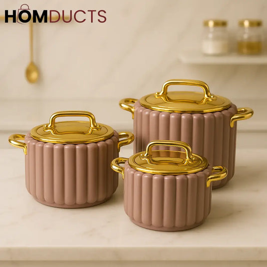 Luxury 3 Piece Ribbed Hotpot Set with Golden Lids & Handles – 1.5L 2.5L 3.5L