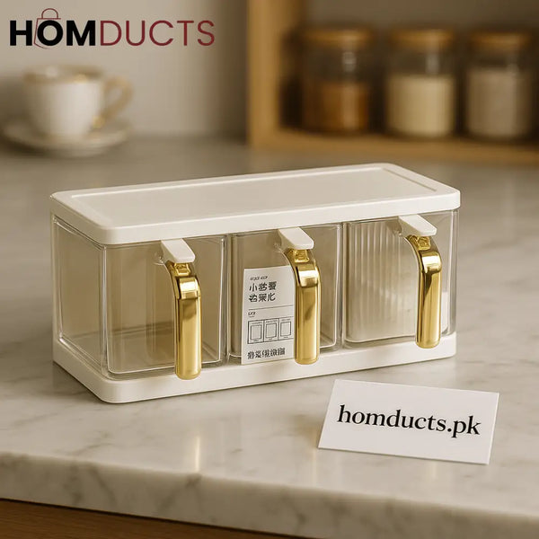 Luxury 3 Piece Spice Container Set with Golden Handles & Airtight Lids – Premium Kitchen Organizer