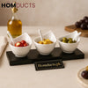 Luxury 3-Piece White Ceramic Dip Bowl Set with Spoons & Wooden Tray – Elegant Appetizer Server