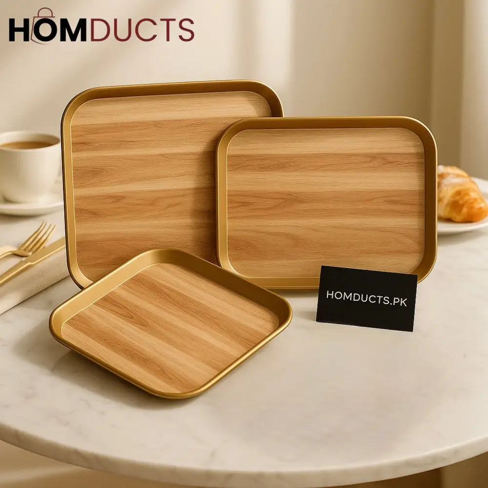 Luxury 3 Piece Wooden Finish Fiber Tray Set – Golden Rim