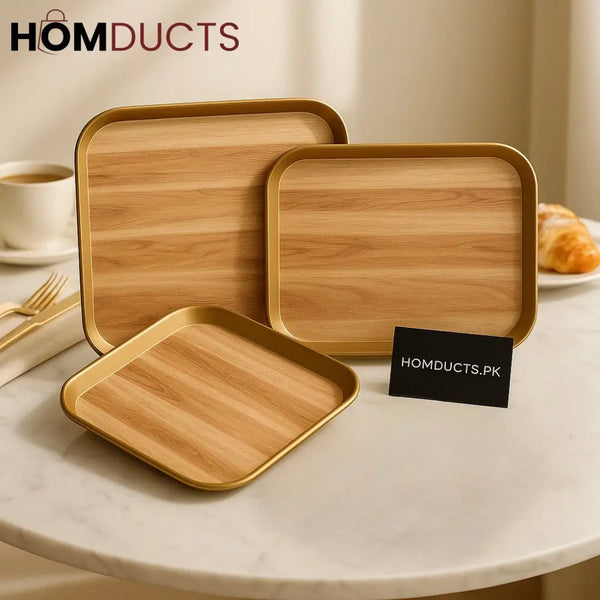 Luxury 3 Piece Wooden Finish Fiber Tray Set – Golden Rim