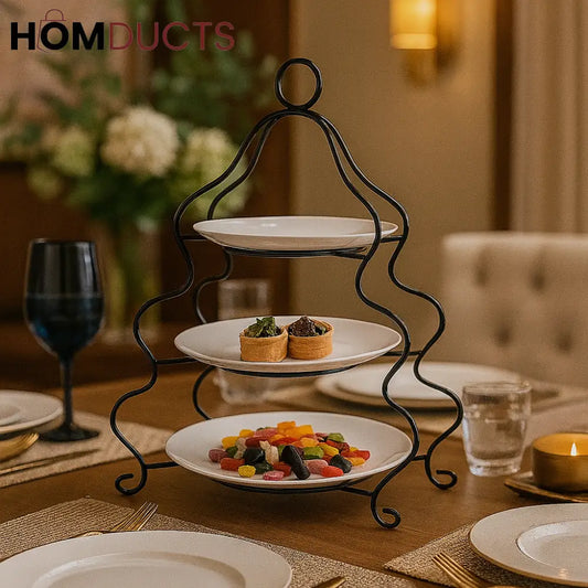 Luxury 3-Tier Iron Serving Stand with Plates – Elegant Display for Dining & High Tea