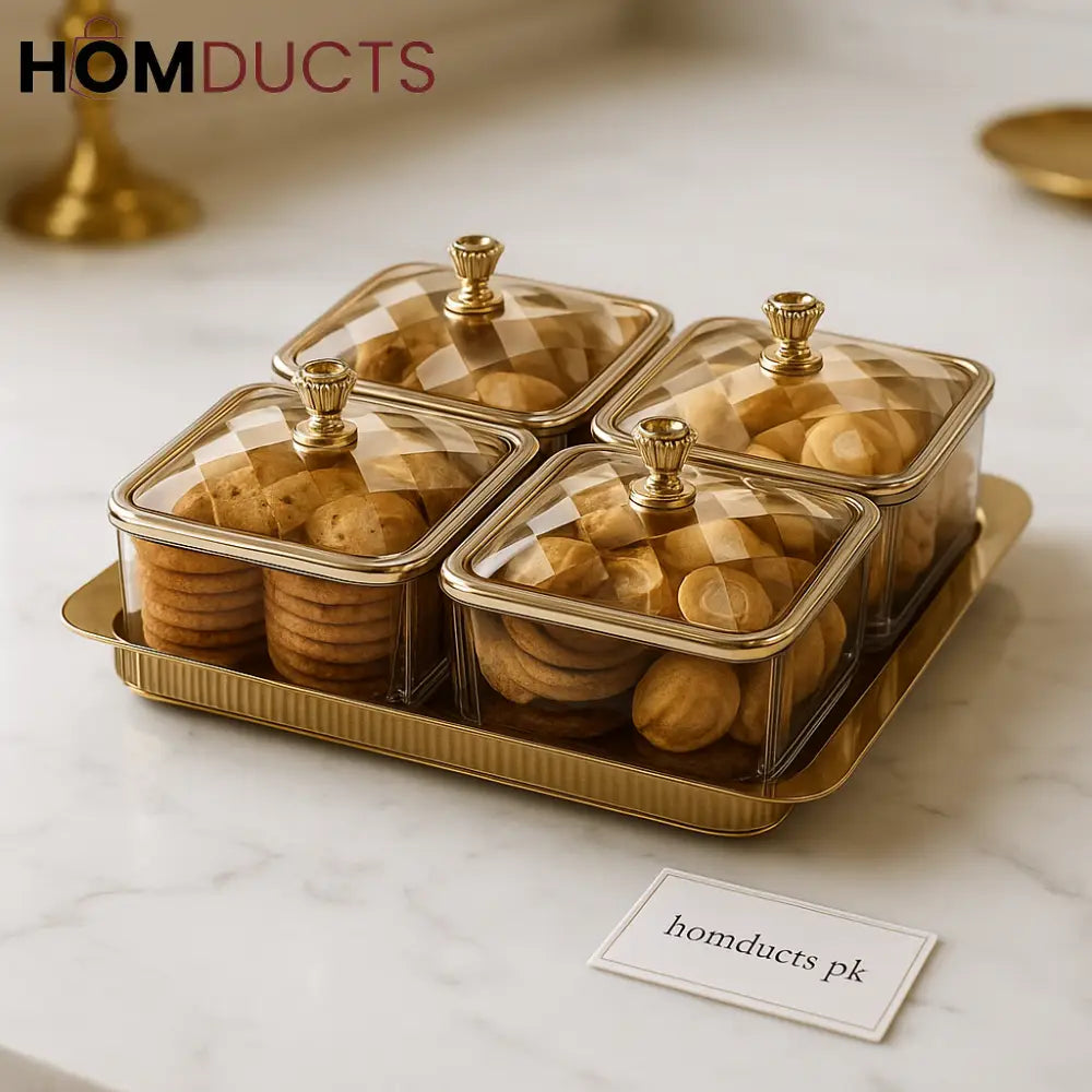 Luxury 4 Compartment Snack & Dessert Serving Set with Diamond Cut Lids