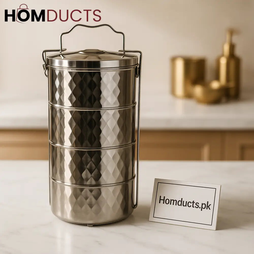Luxury 4 Tier Stainless Steel Lunch Box | Diamond Pattern Tiffin Carrier for Hot & Fresh Meals