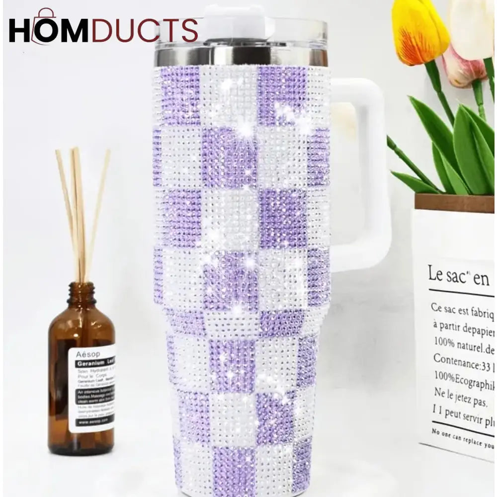 Luxury 40oz 1200ml Rhinestone Tumbler - Sparkling Checkered White and Blue Drinkware