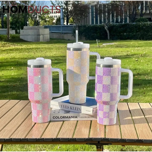 Luxury 40oz 1200ml Rhinestone Tumbler - Sparkling Checkered White and Blue Drinkware
