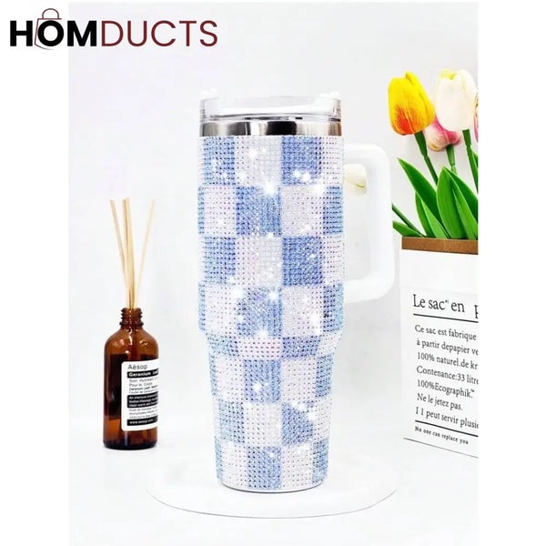 Luxury 40oz 1200ml Rhinestone Tumbler - Sparkling Checkered White and Blue Drinkware Style 1