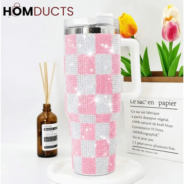 Luxury 40oz 1200ml Rhinestone Tumbler - Sparkling Checkered White and Blue Drinkware Style 2