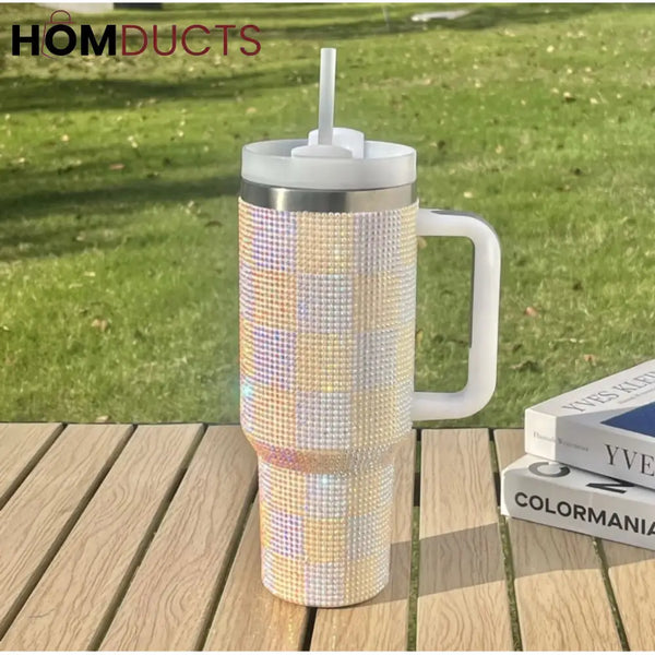 Luxury 40oz 1200ml Rhinestone Tumbler - Sparkling Checkered White and Blue Drinkware Style 4