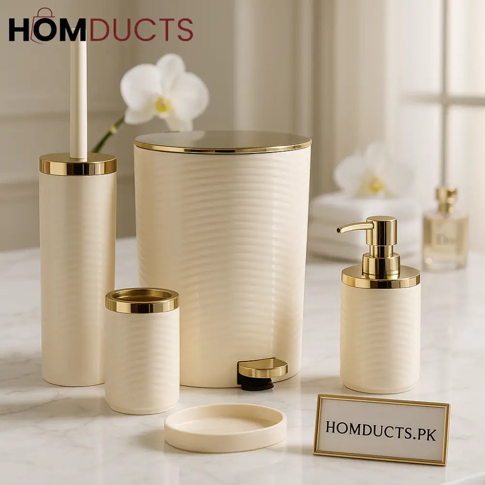 Luxury 5 Piece Cream & Gold Bathroom Accessory Set – Elegant Marble Inspired Design