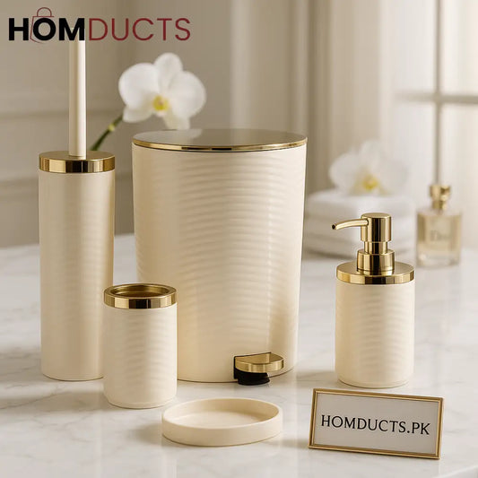 Luxury 5 Piece Cream & Gold Bathroom Accessory Set – Elegant Marble Inspired Design