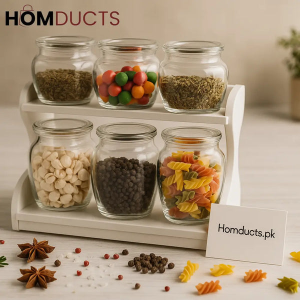 Luxury 6 Piece Glass Spice Jar Set with Two Tier Wooden Organizer
