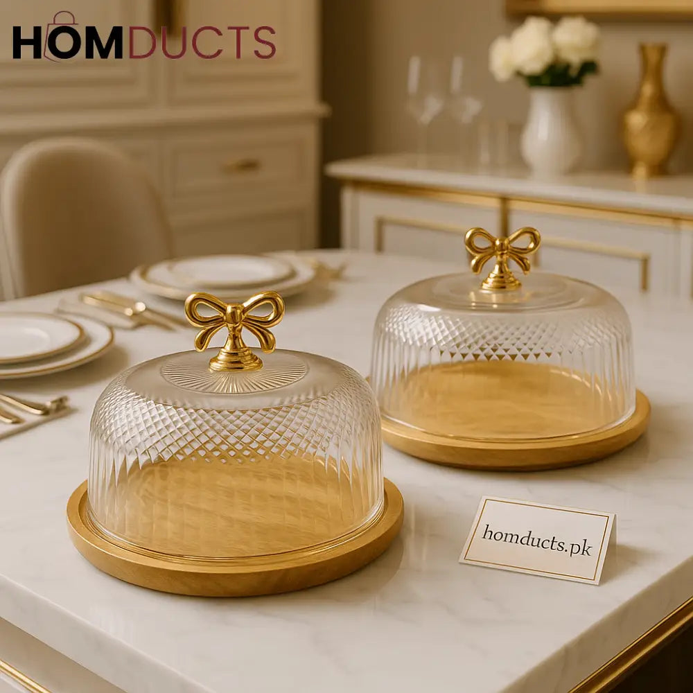 Luxury Acrylic Cake Dome with Golden Bow Handle & Bamboo Tray – Elegant Cake Dish
