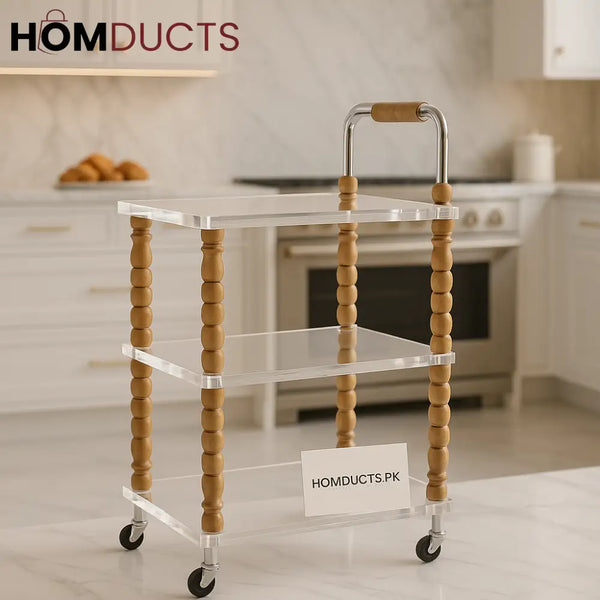 Luxury Acrylic & Wooden Bead 2 Tier Serving Trolley – Modern Bar & Dessert Cart