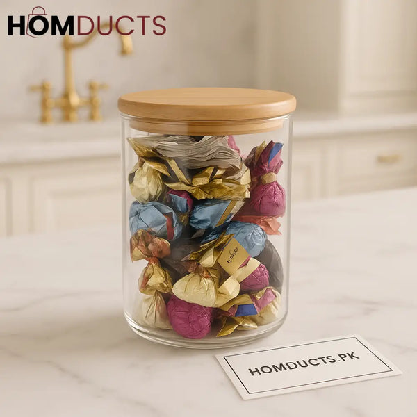 Luxury Airtight Glass Storage Jar with Wooden Lid – Premium Candy & Dry Food Container (Large)