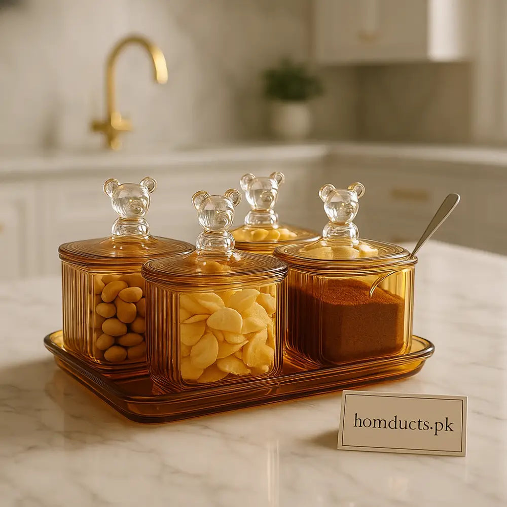 Luxury Amber Glass Storage Jar Set with Bear Lids