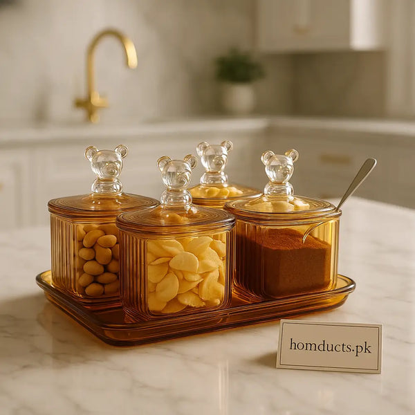 Luxury Amber Glass Storage Jar Set with Bear Lids