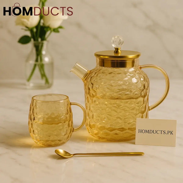 Luxury Amber Glass Tea Set – 1 Kettle 6 Glasses & 6 Gold Spoons