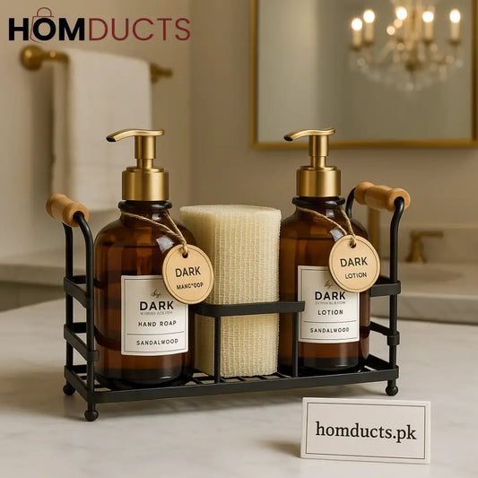 Luxury Amber Soap & Lotion Dispenser Set with Metal Caddy – Premium Bathroom & Kitchen Organizer
