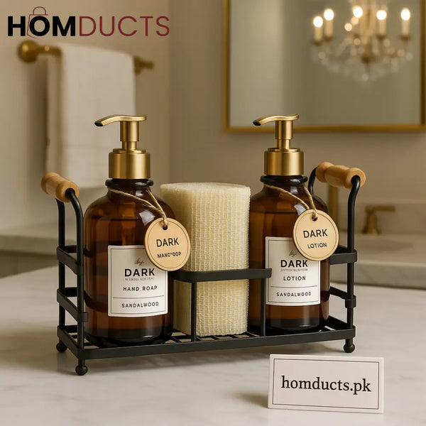 Luxury Amber Soap & Lotion Dispenser Set with Metal Caddy – Premium Bathroom & Kitchen Organizer