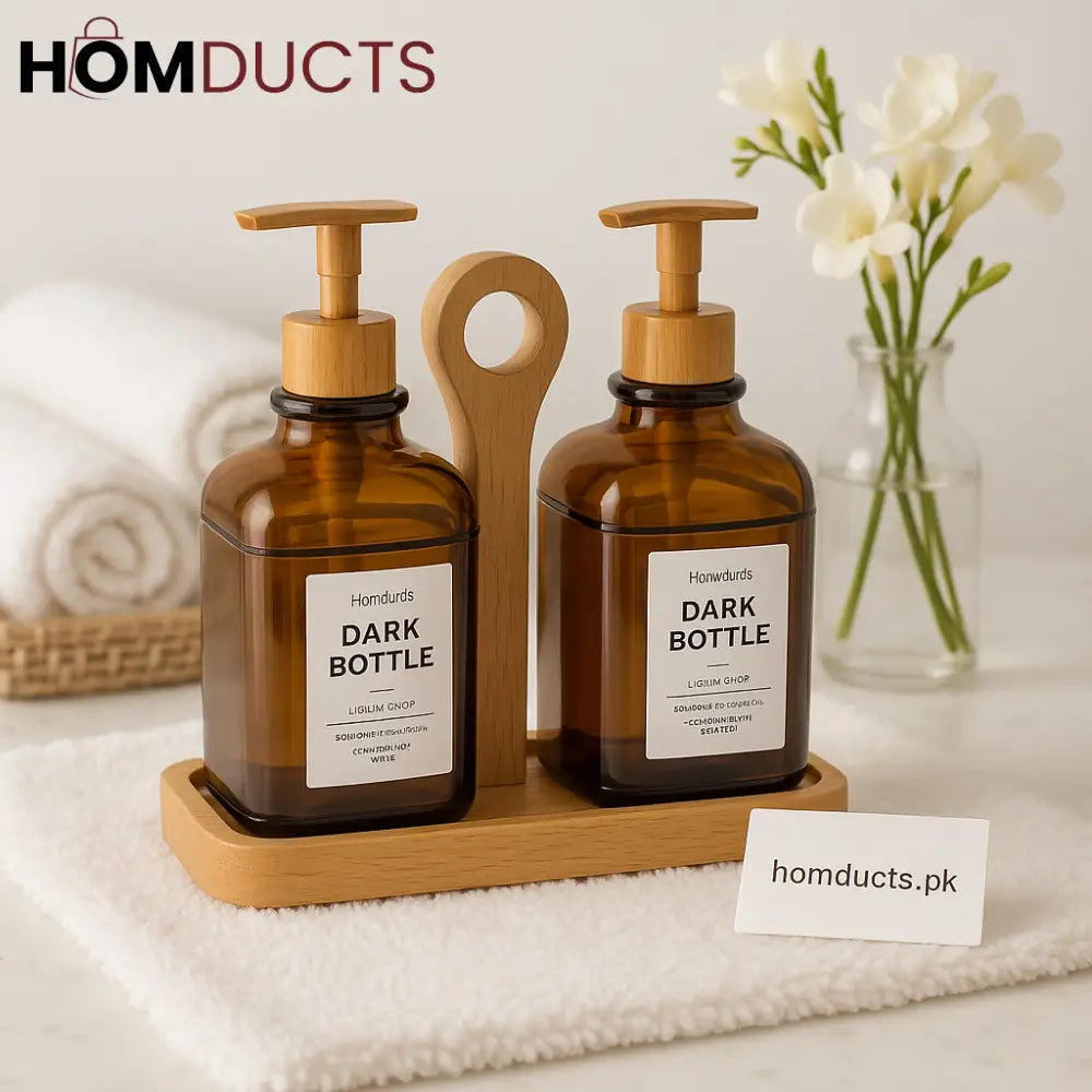 Luxury Amber Soap & Lotion Dispenser Set with Wooden Tray – Refillable Pump Bottles