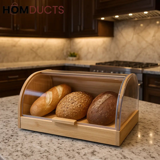 Luxury Bamboo Bread Storage Box with Clear Lid – Elegant Countertop Organizer