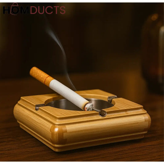Luxury Bamboo & Stainless Steel Ashtray – Elegant Wooden Ash Tray for Home Office or Lounge