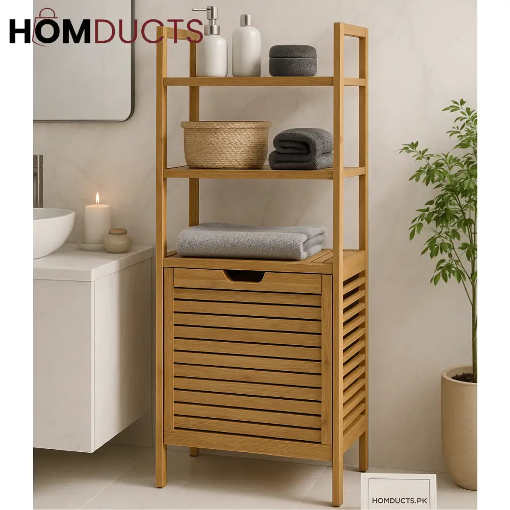 Luxury Bamboo Storage Shelf with Laundry Hamper & Open Shelves – Japandi Bathroom Organizer