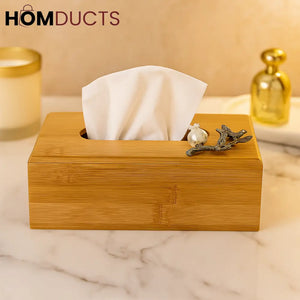 Luxury Bamboo Tissue Box with Silver Branch & Pomegranate Accent – Elegant Wooden Dispenser