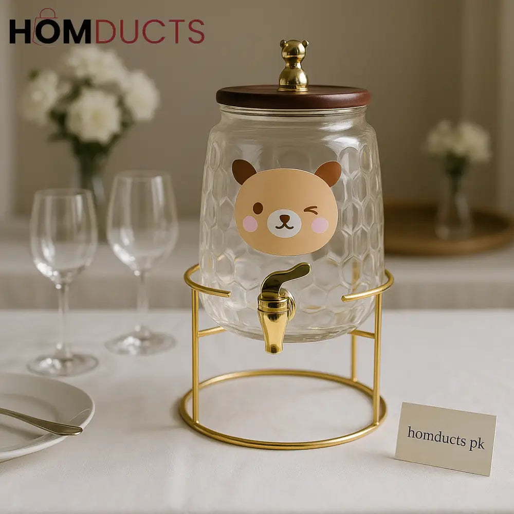 Luxury Bear Glass Beverage Dispenser with Golden Stand – 3.2L