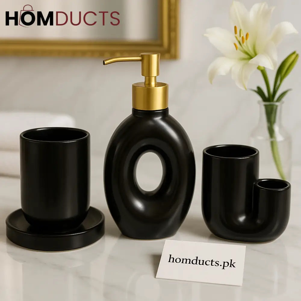 Luxury Black Ceramic 4 Piece Bathroom Set with Gold Pump