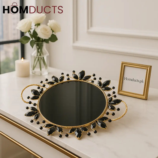 Luxury Black Crystal Round Serving Tray with Golden Handles