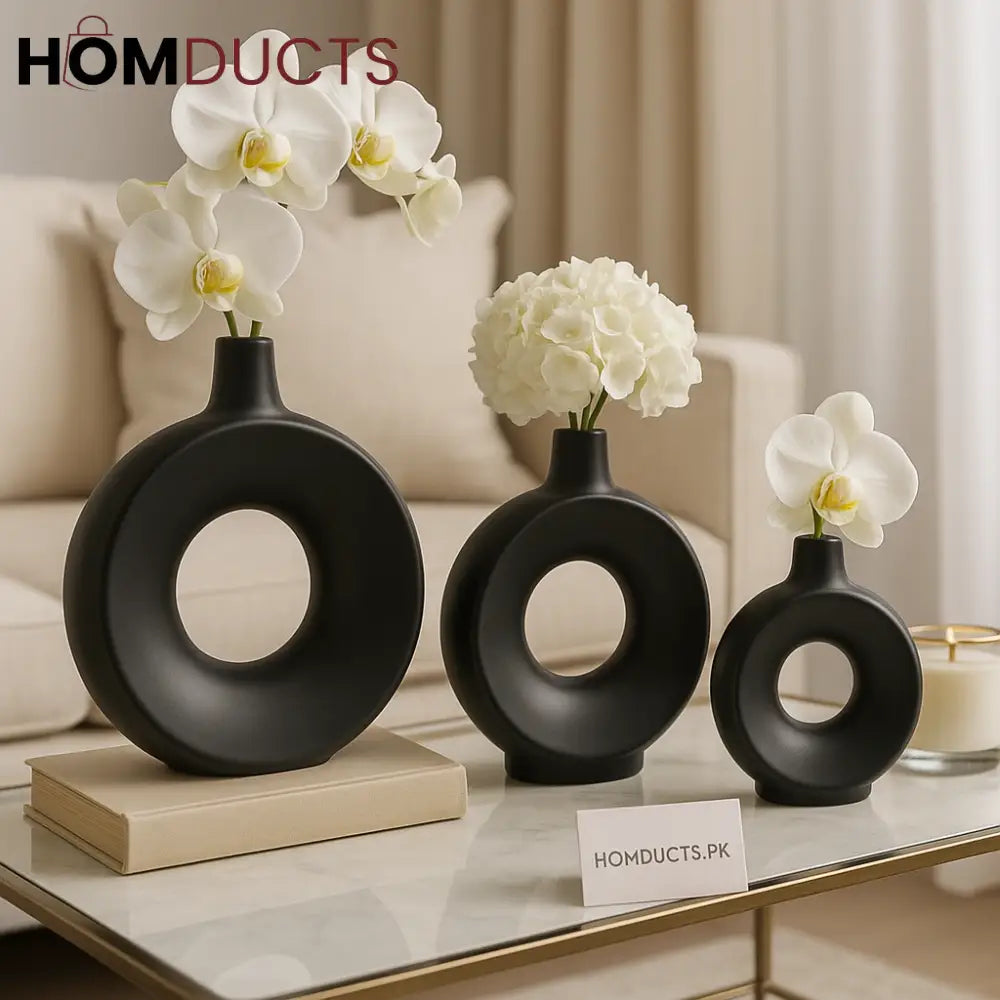 Luxury Black Fiber Ring Vase Set – Modern Hollow Flower Vases (3 Pcs)
