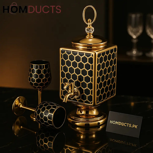 Luxury Black & Gold Beverage Dispenser Set with 6 Matching Glasses – Premium Honeycomb Design