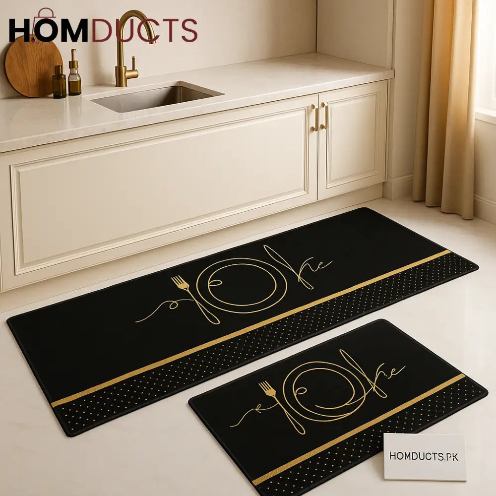 Luxury Black & Gold Kitchen Mat Set – Non Slip Waterproof Premium Quality (2 Piece)