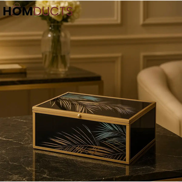 Luxury Black & Gold Palm Leaf Cosmetic Organizer Box – Elegant Vanity Storage with Tropical Design
