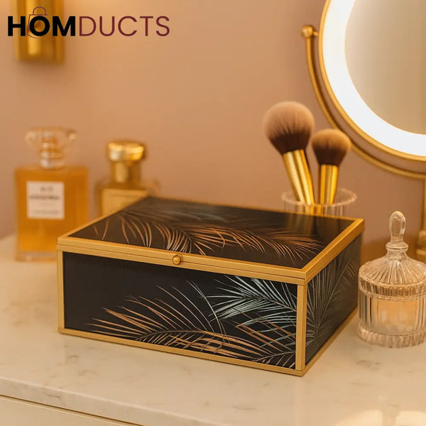 Luxury Black & Gold Palm Leaf Cosmetic Organizer Box – Elegant Vanity Storage with Tropical Design