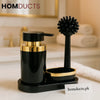 Luxury Black & Gold Soap Dispenser with Dish Brush Set – Elegant Countertop Organizer