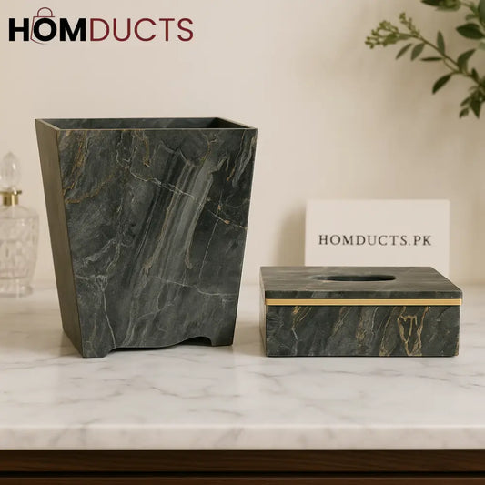 Luxury Black Marble Tissue Box & Dustbin Set – Elegant Gold Veined Design