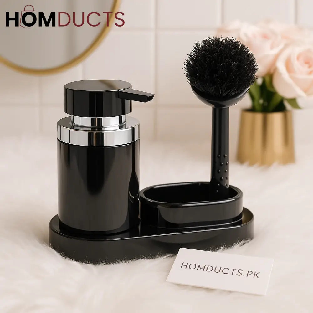 Luxury Black Soap Dispenser with Dish Brush & Holder – Modern Kitchen & Bathroom Set