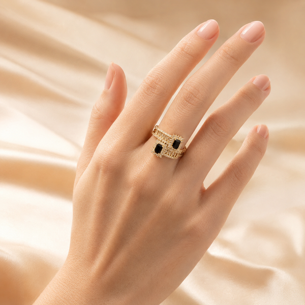 Luxury black stone double crystal adjustable ring on female model hand