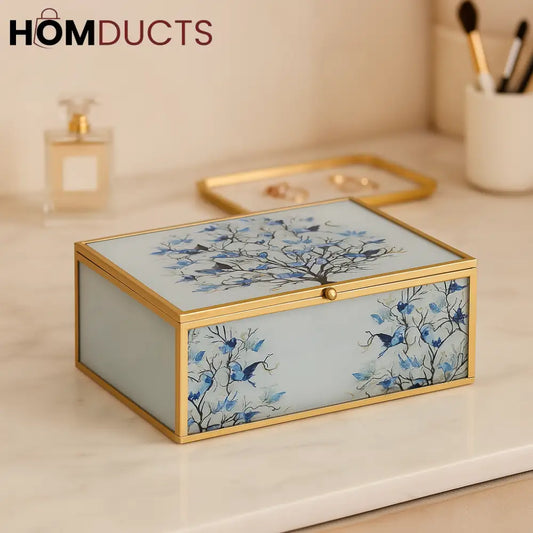 Luxury Blue Floral Jewelry Box with Gold Frame – Elegant Vanity Organizer