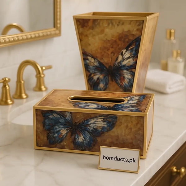 Luxury Butterfly Art Tissue Box & Bin Set – Gold Trimmed Wooden Décor