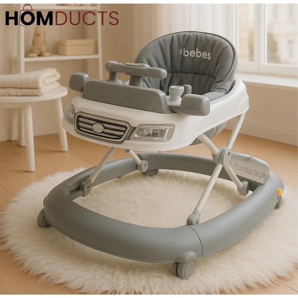 Luxury Car-Inspired Baby Walker – Grey & White Bebes Activity Seat