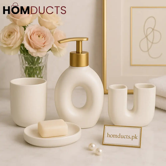 Luxury Ceramic Bathroom Accessory Set with Golden Pump – 4 Pieces