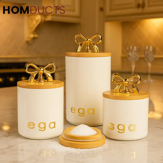 Luxury Ceramic Canister Set with Gold Bow Lids – Set of 3