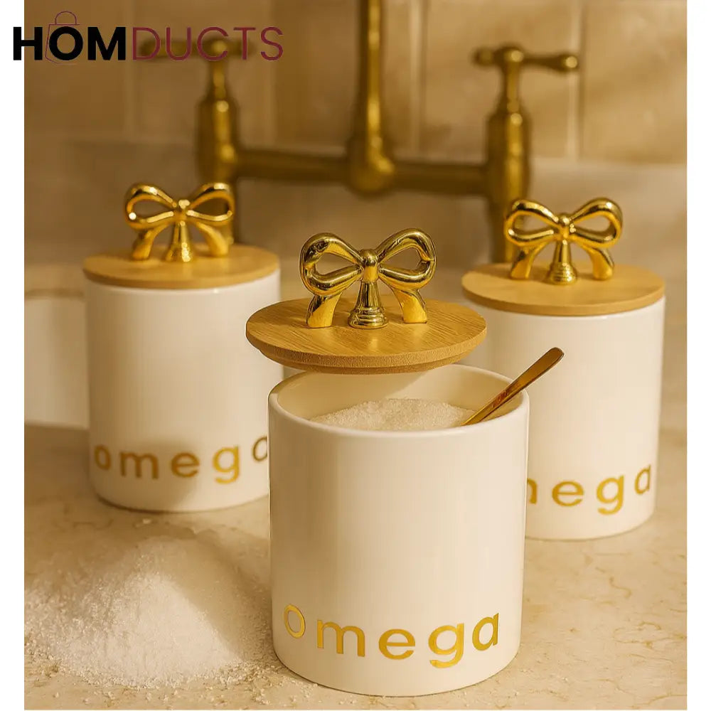 Luxury Ceramic Canister Set with Gold Bow Lids – Set of 3